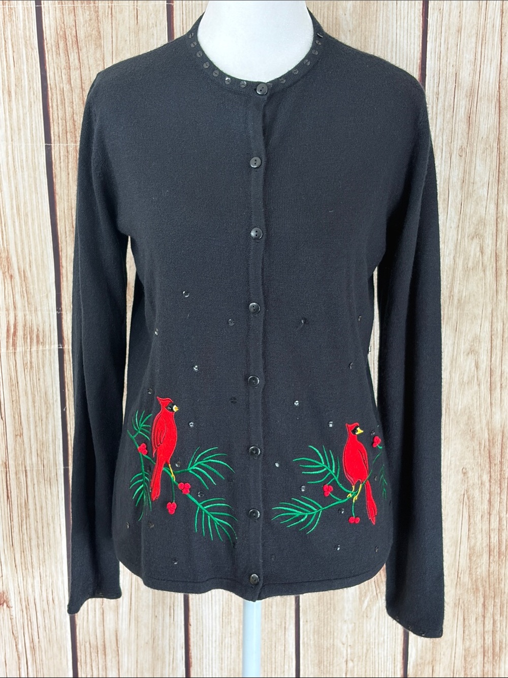Wish for Joy Black Cardigan Acrylic Sweater with Red Cardinal Embroidery Size Sm